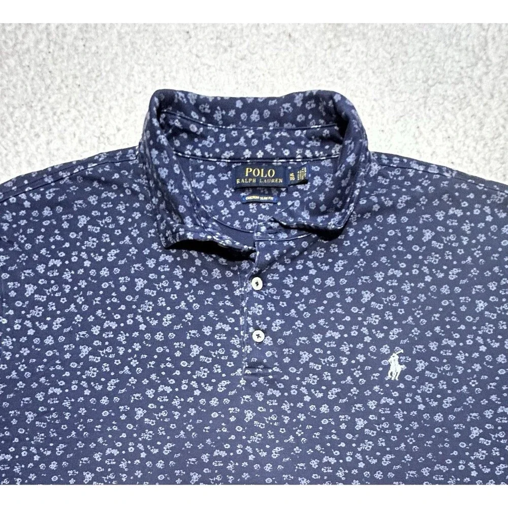 Polo Ralph Lauren Men's XL Custom Slim Fit Indigo Floral Pique Polo Shirt Logo